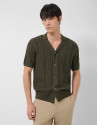 Dark khaki herringbone knit open polo shirt | Roberto Verino