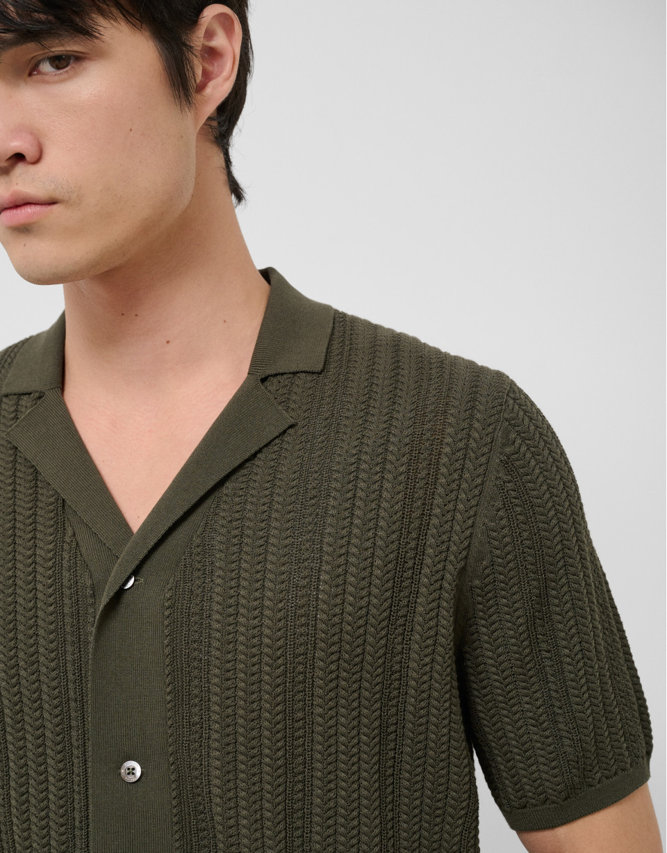 Dark khaki herringbone knit open polo shirt | Roberto Verino