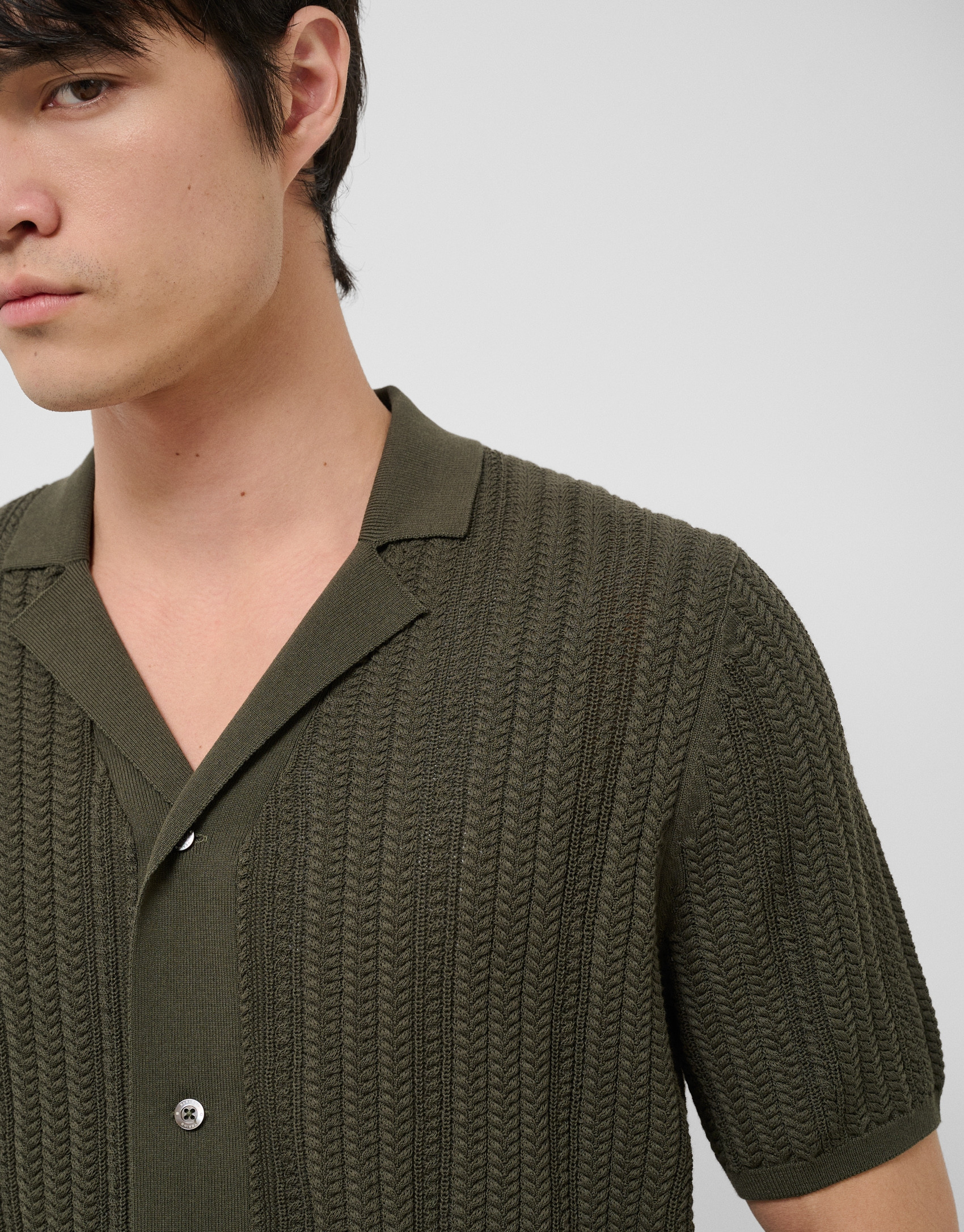 Dark khaki herringbone knit open polo shirt | Roberto Verino