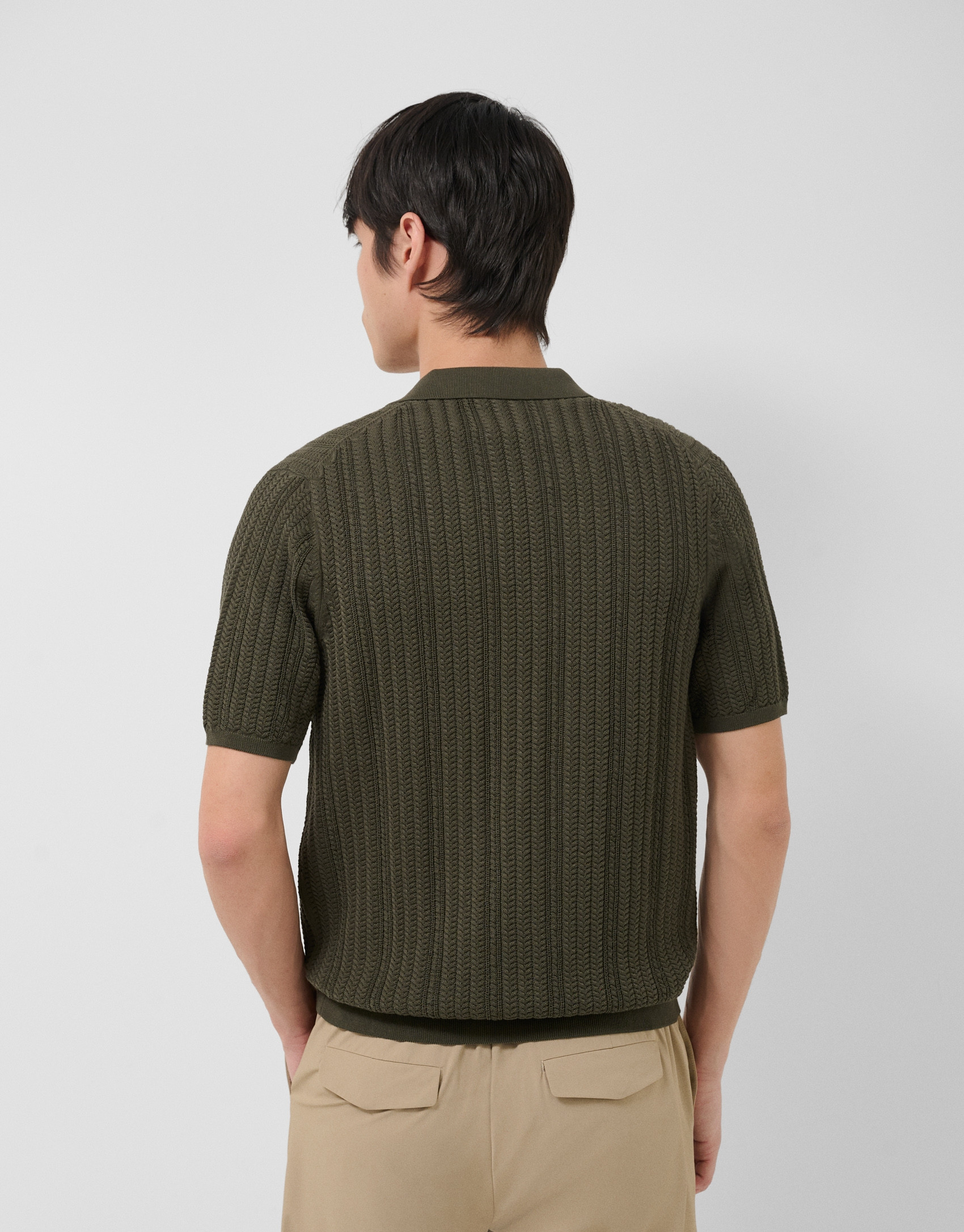 Dark khaki herringbone knit open polo shirt | Roberto Verino