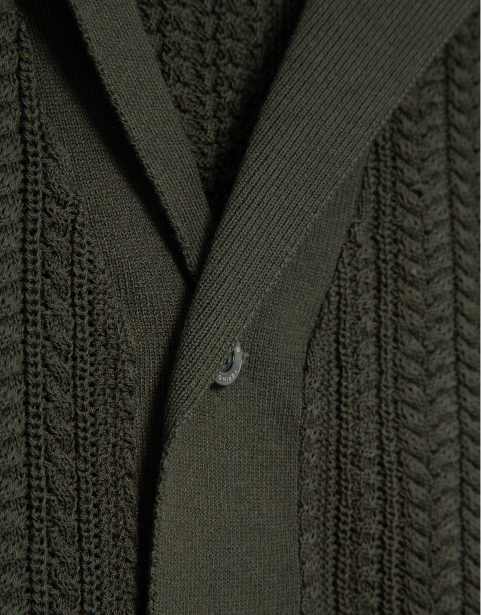 Dark khaki herringbone knit open polo shirt | Roberto Verino