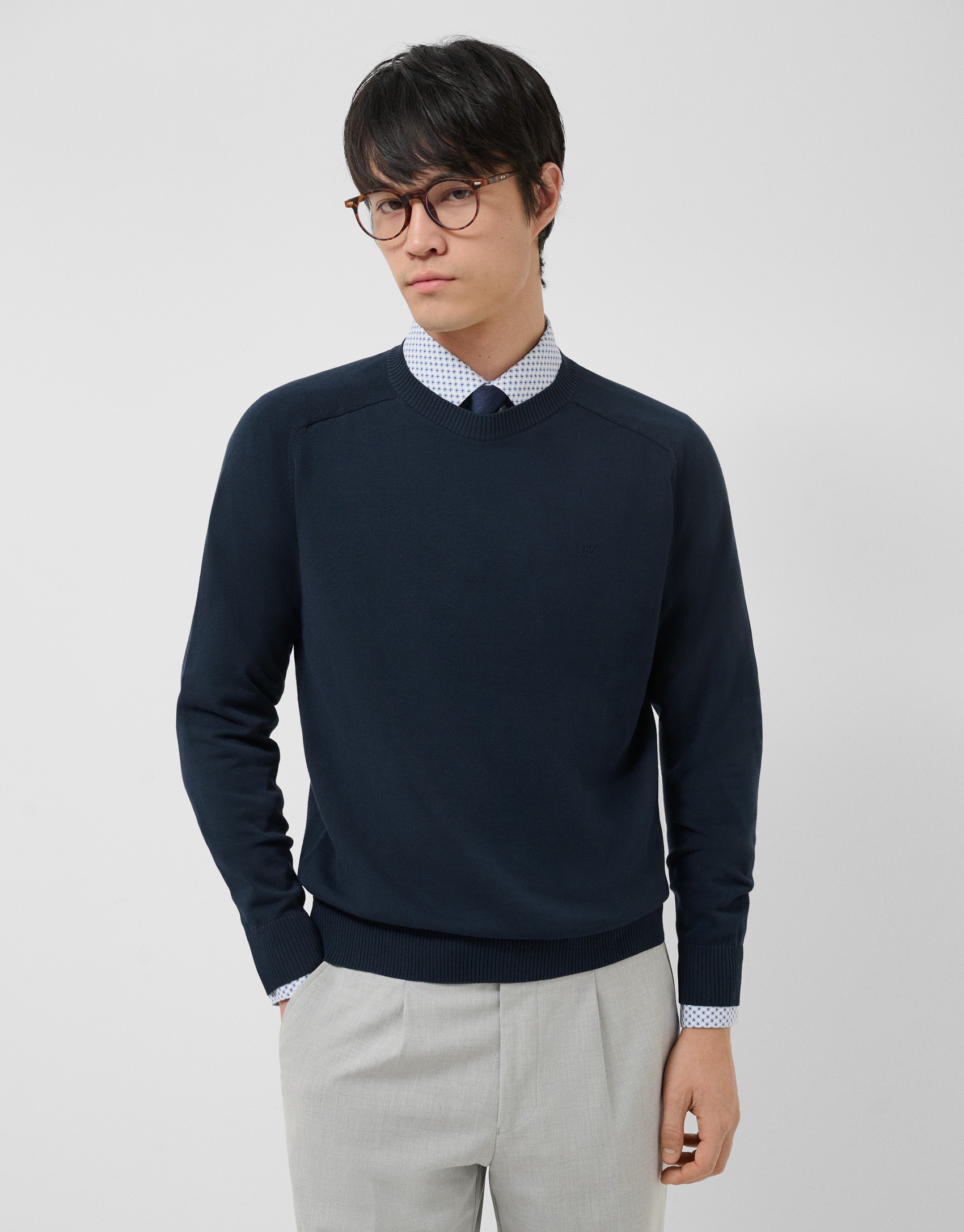 High twist navy blue plain cotton jumper - Man | Roberto Verino