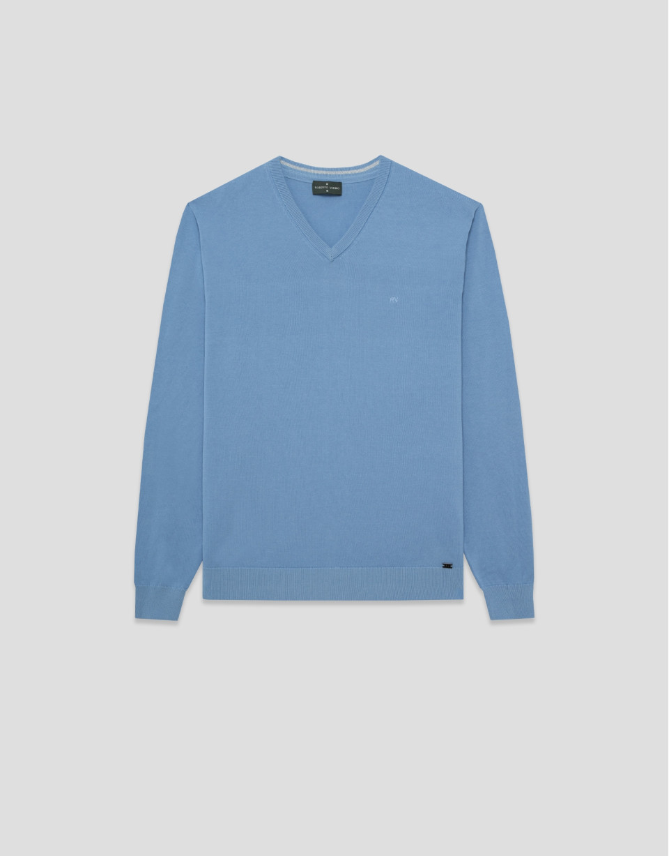 Light blue high twist V-neck jumper - Man | Roberto Verino