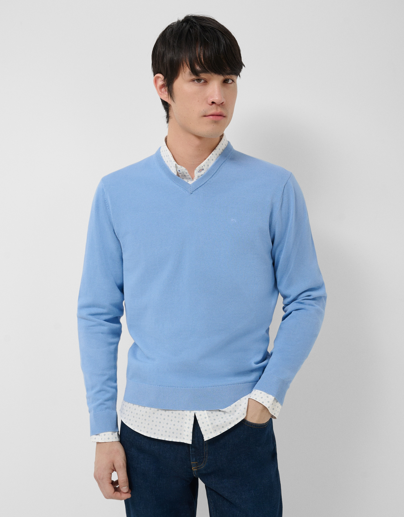 Jersey cuello pico high twist celeste - Hombre | Roberto Verino