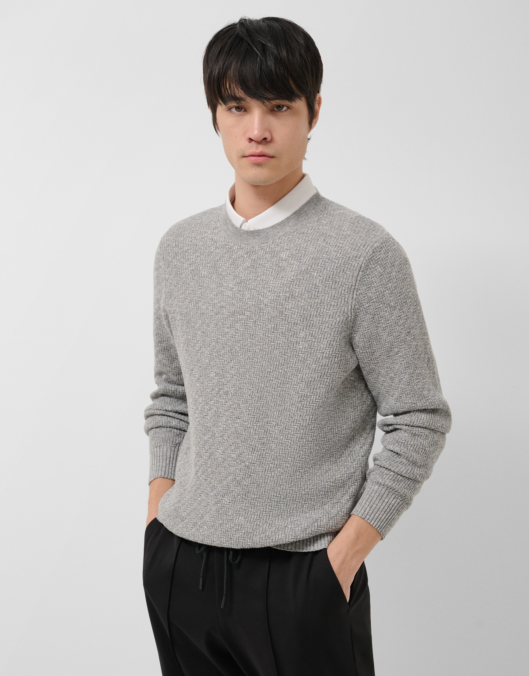 Grey melange cotton/linen structured jumper | Roberto Verino