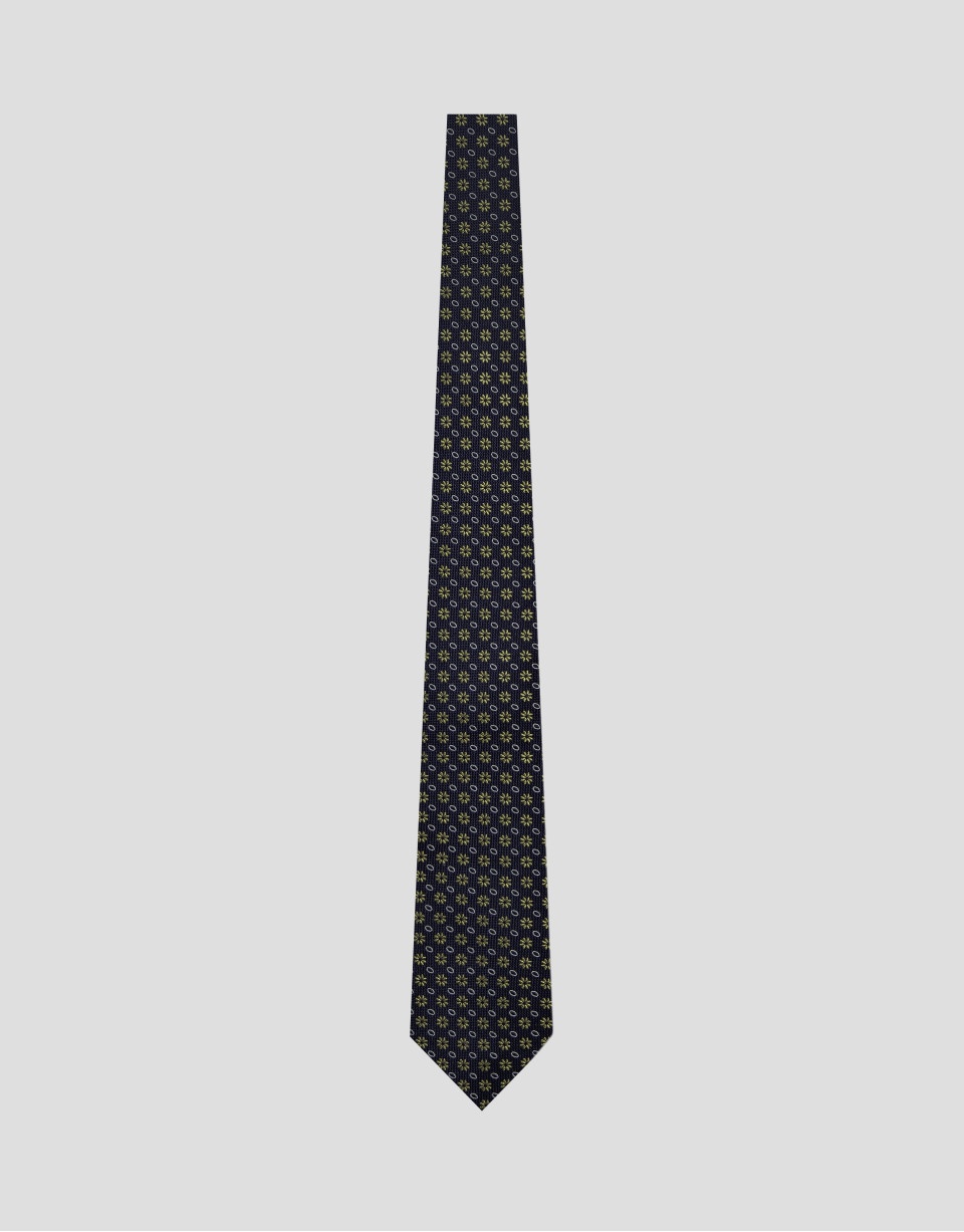 Navy silk tie with yellow floral jacquard - Man | Roberto Verino