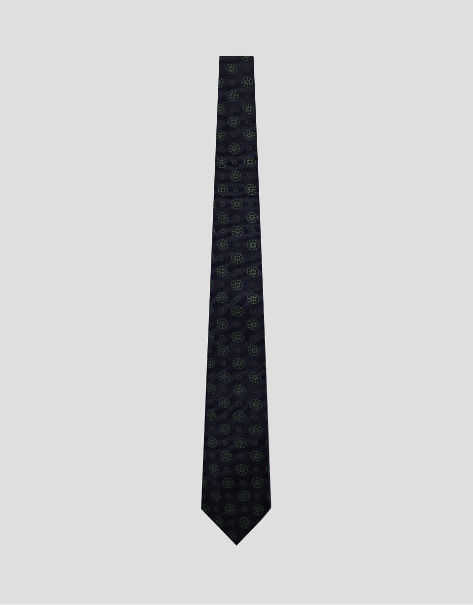 Navy silk tie with geometric jacquard green ... | Roberto Verino