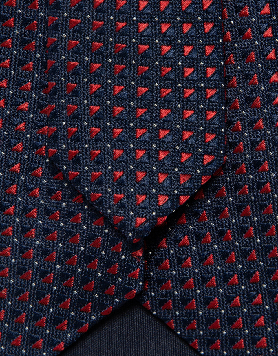 Navy silk tie with red geometric jacquard ... | Roberto Verino