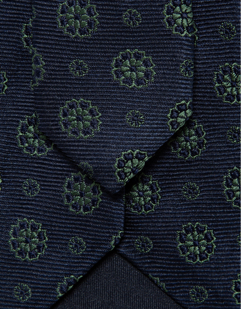 Navy silk tie with geometric jacquard green ... | Roberto Verino