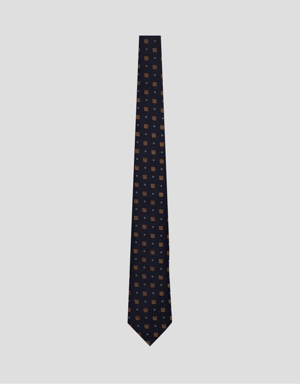 Navy silk tie with geometric orange flower ... | Roberto Verino