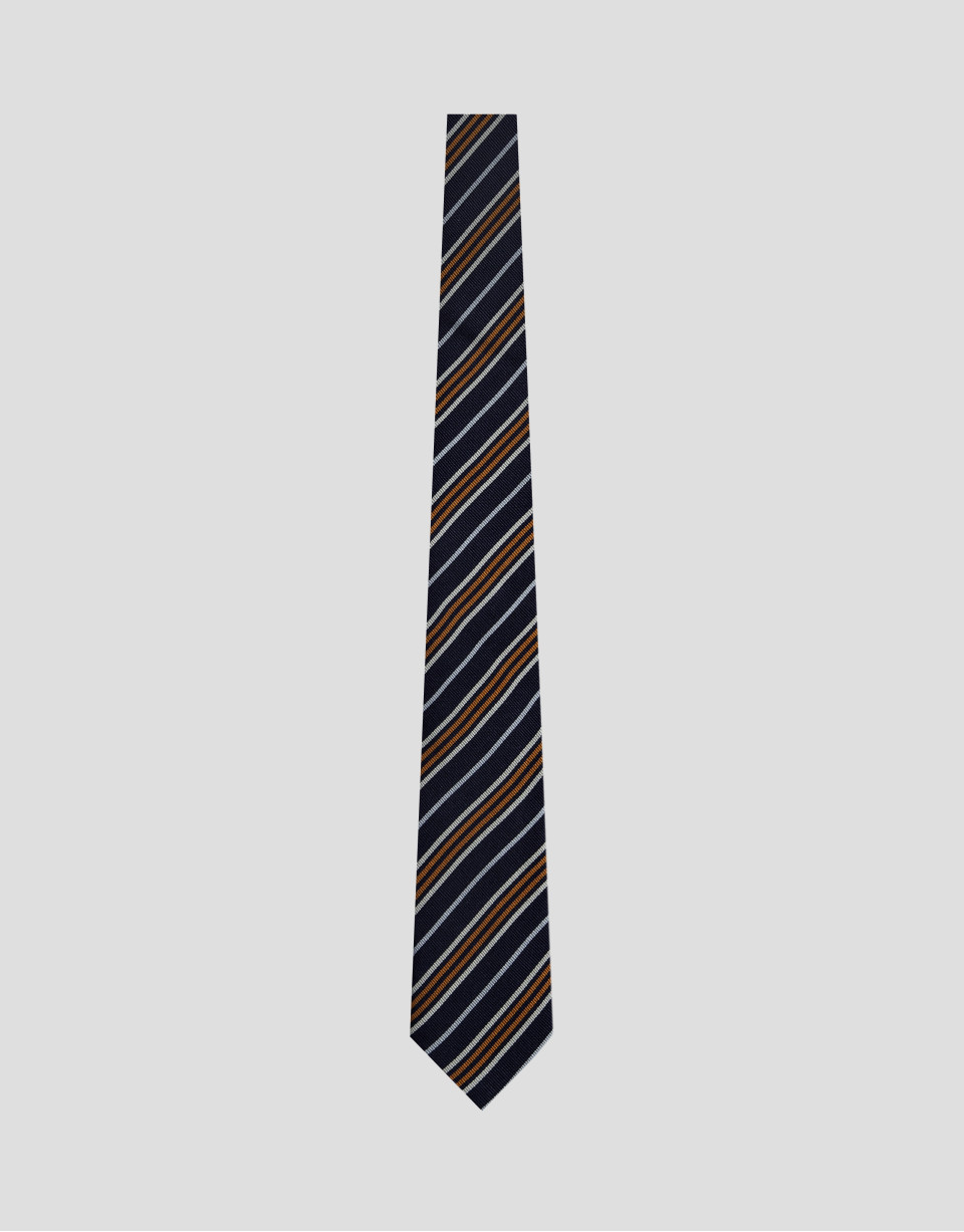 Navy silk tie with orange/white stripes - Man | Roberto Verino