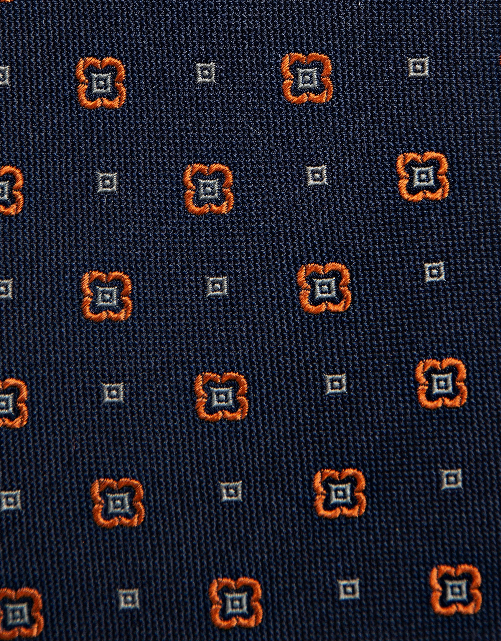 Navy silk tie with geometric orange flower ... | Roberto Verino