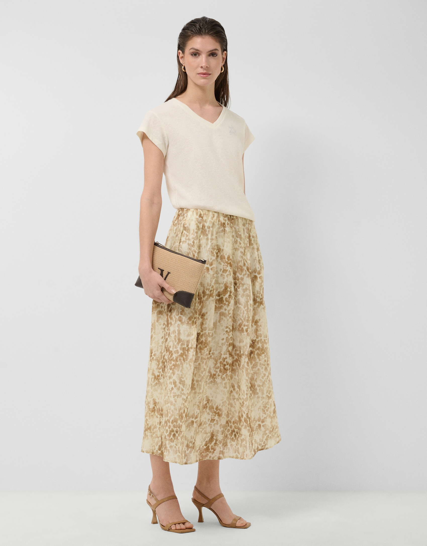 Beige-toned printed crepe midi skirt - Woman | Roberto Verino