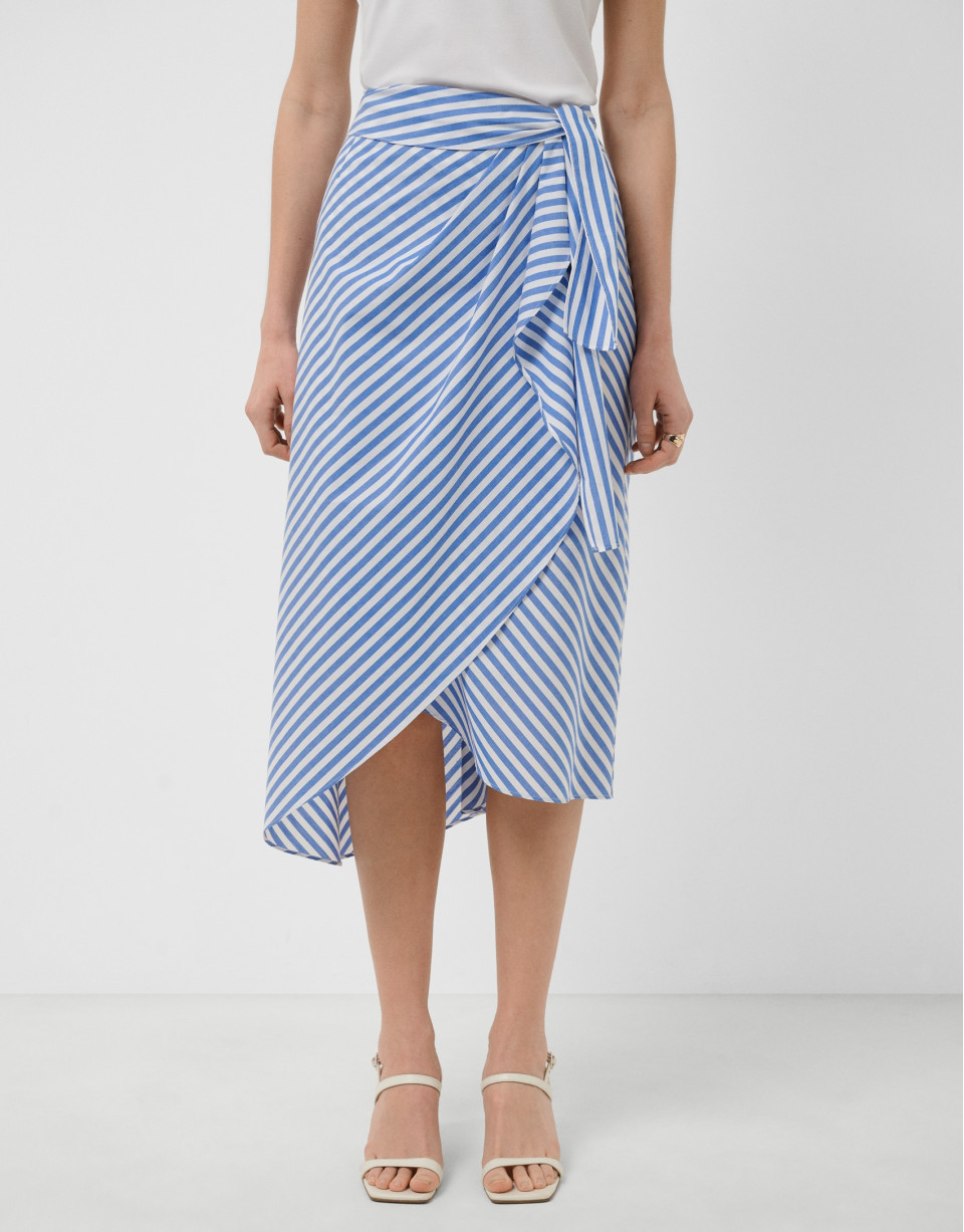 White cotton knotted midi skirt with blue ... | Roberto Verino