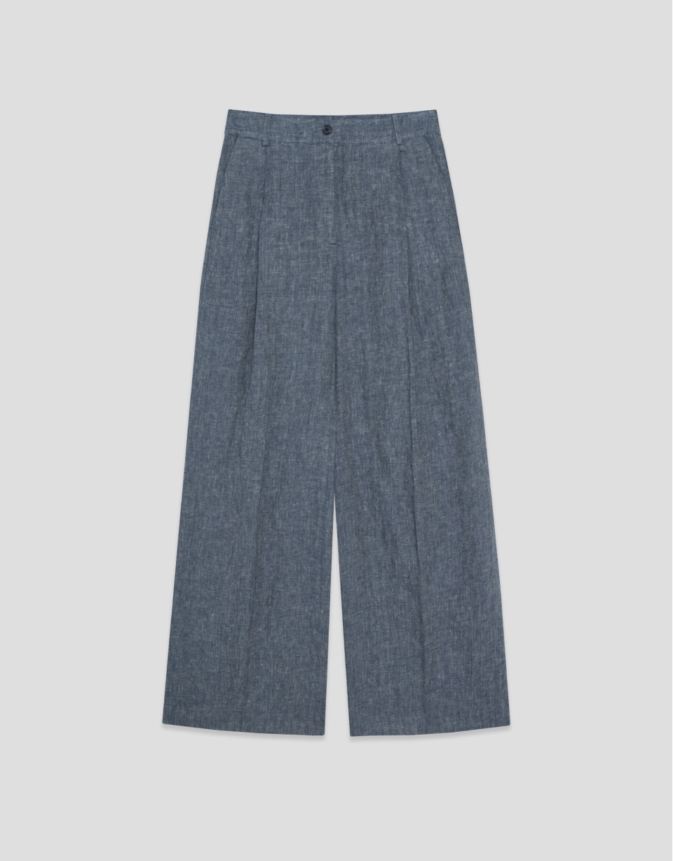 Wide-leg trousers with pleats in blue linen | Roberto Verino