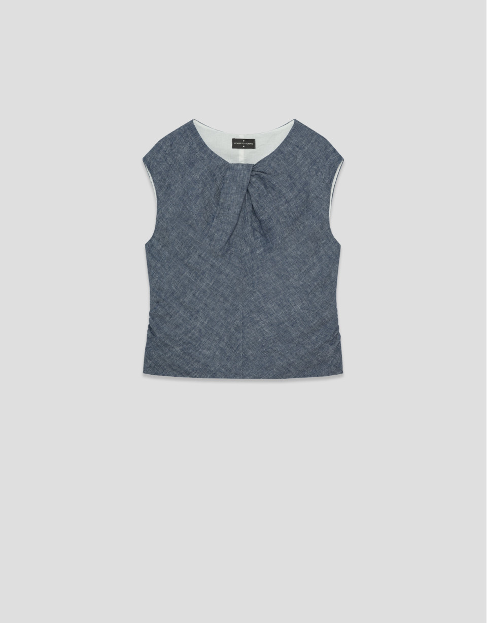 Blue linen gathered sleeveless blouse - Woman | Roberto Verino