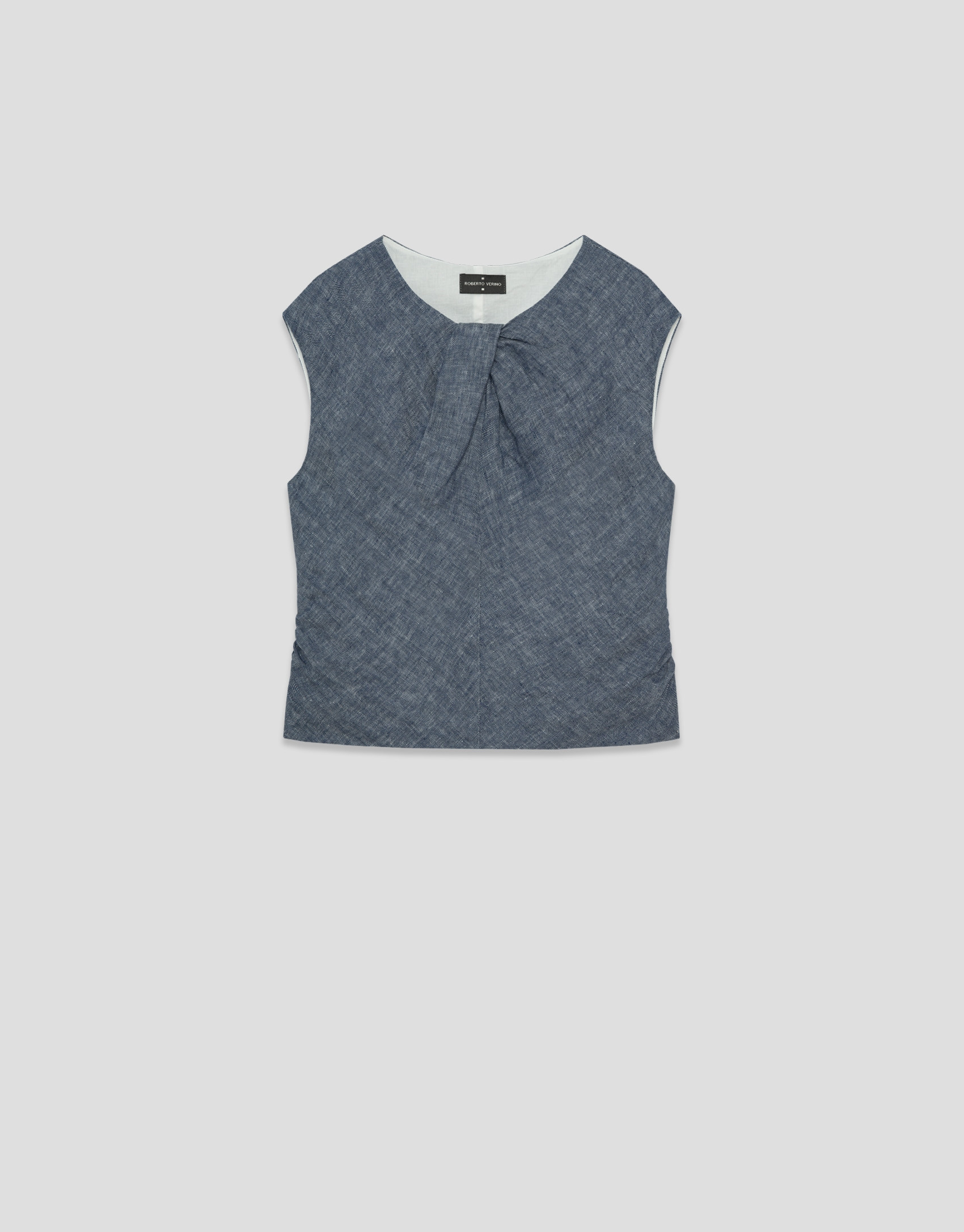 Blue linen gathered sleeveless blouse - Woman | Roberto Verino