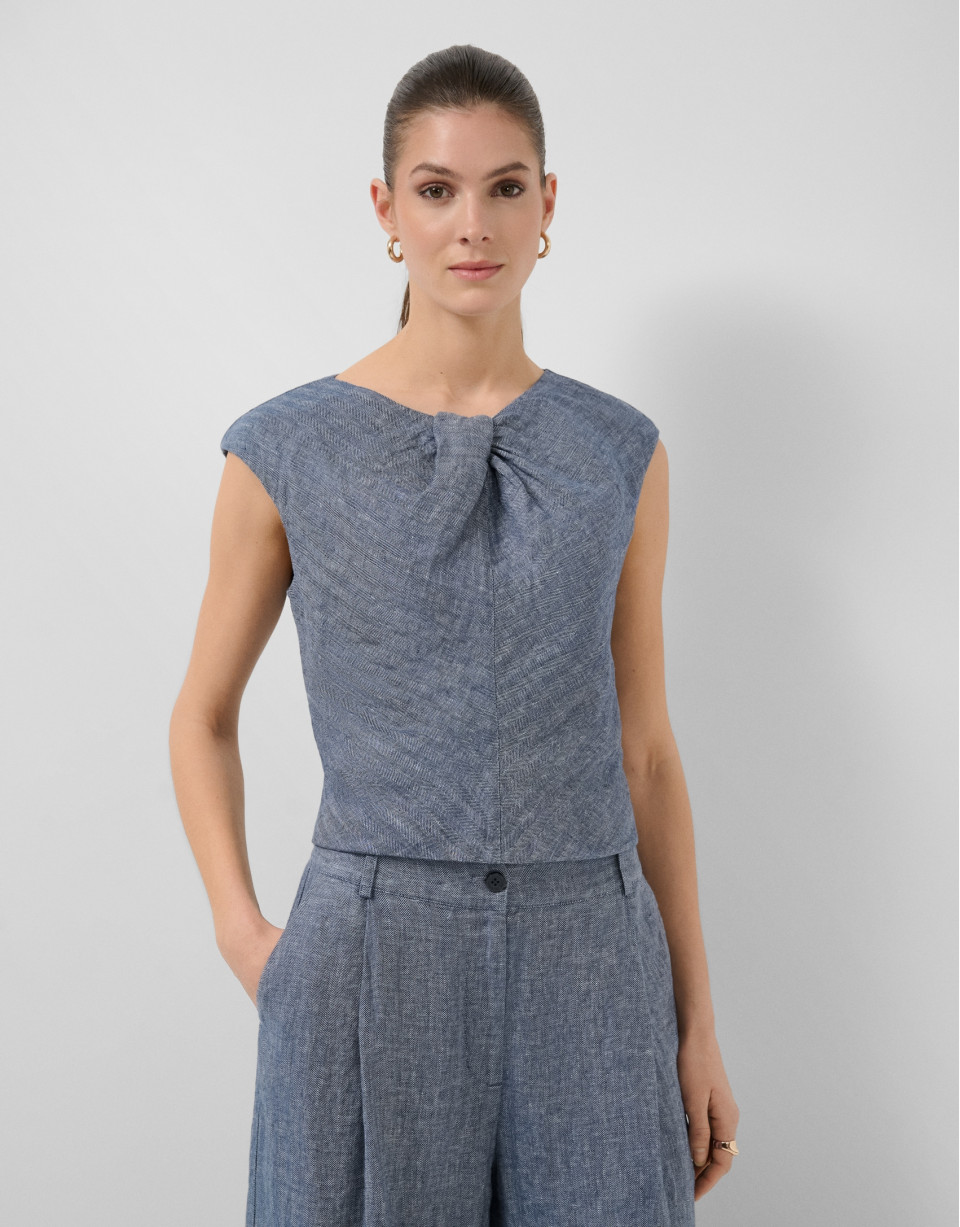 Blue linen gathered sleeveless blouse - Woman | Roberto Verino