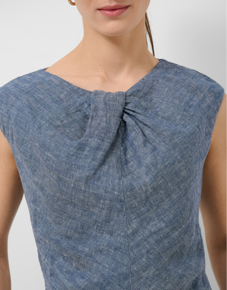 Blue linen gathered sleeveless blouse - Woman | Roberto Verino