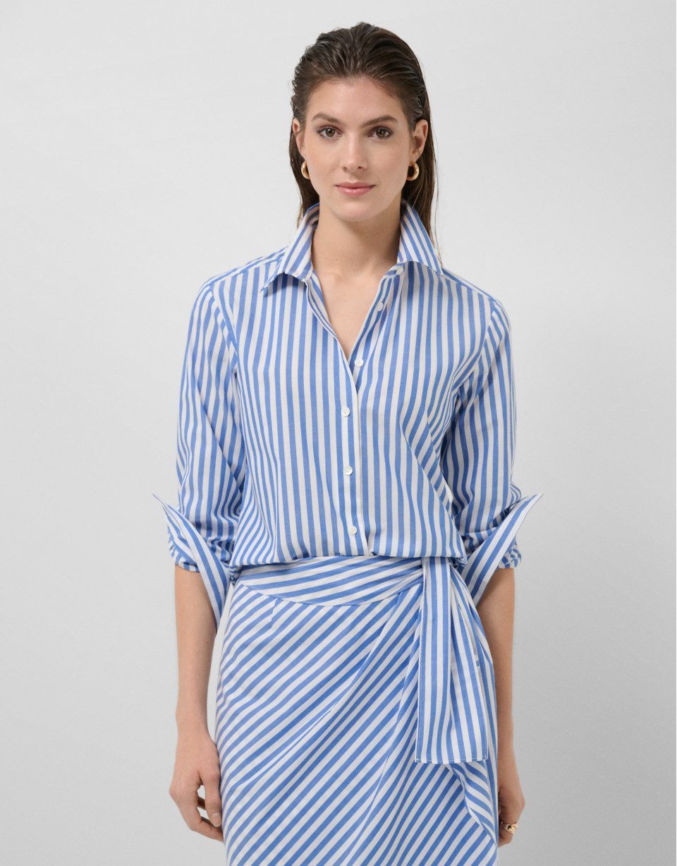 Camisa algodón blanco con listas azules - Mujer | Roberto Verino