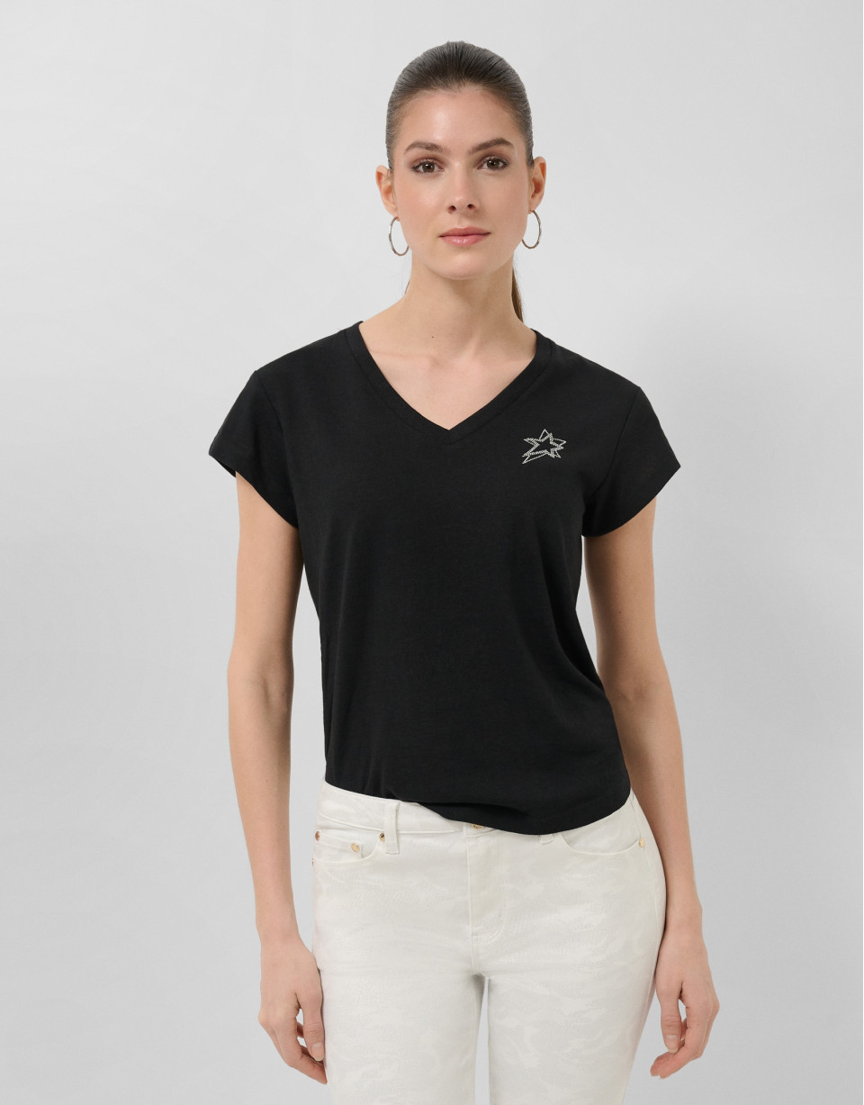 Lightweight cotton V-neck T-shirt in black | Roberto Verino
