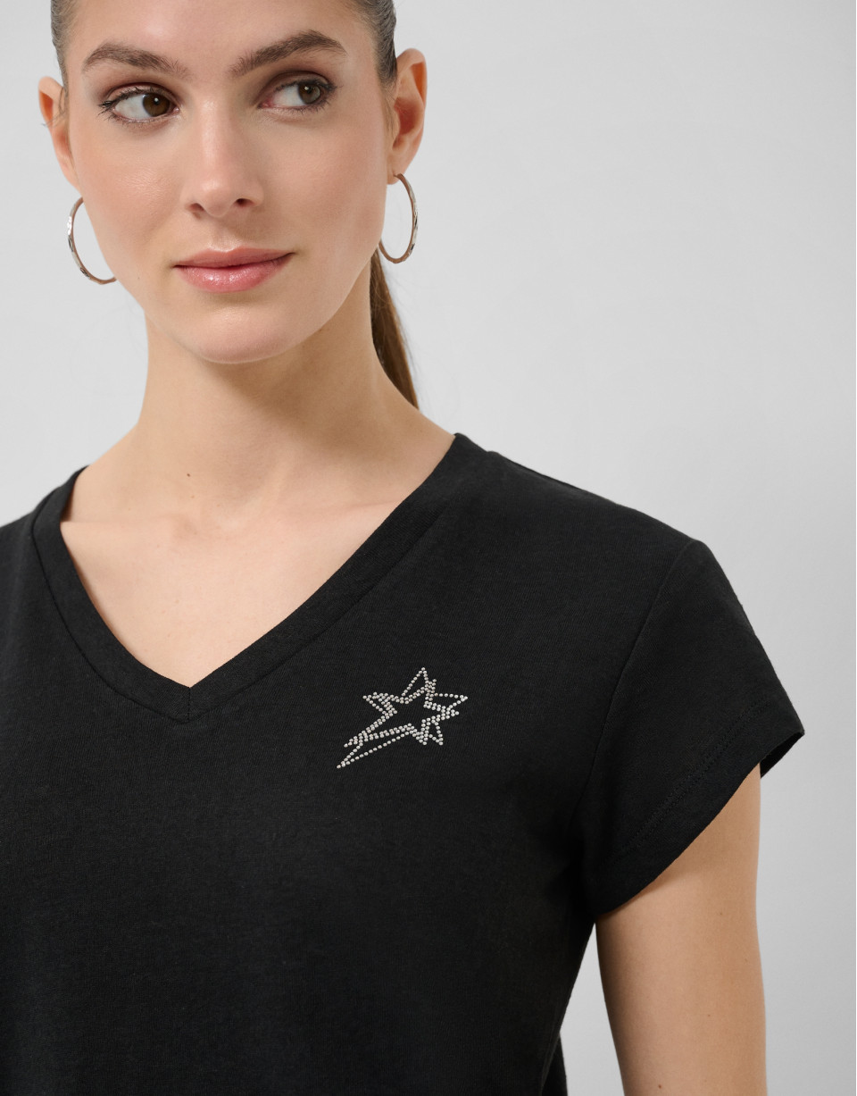 Camiseta cuello pico punto algodón ligero negro | Roberto Verino