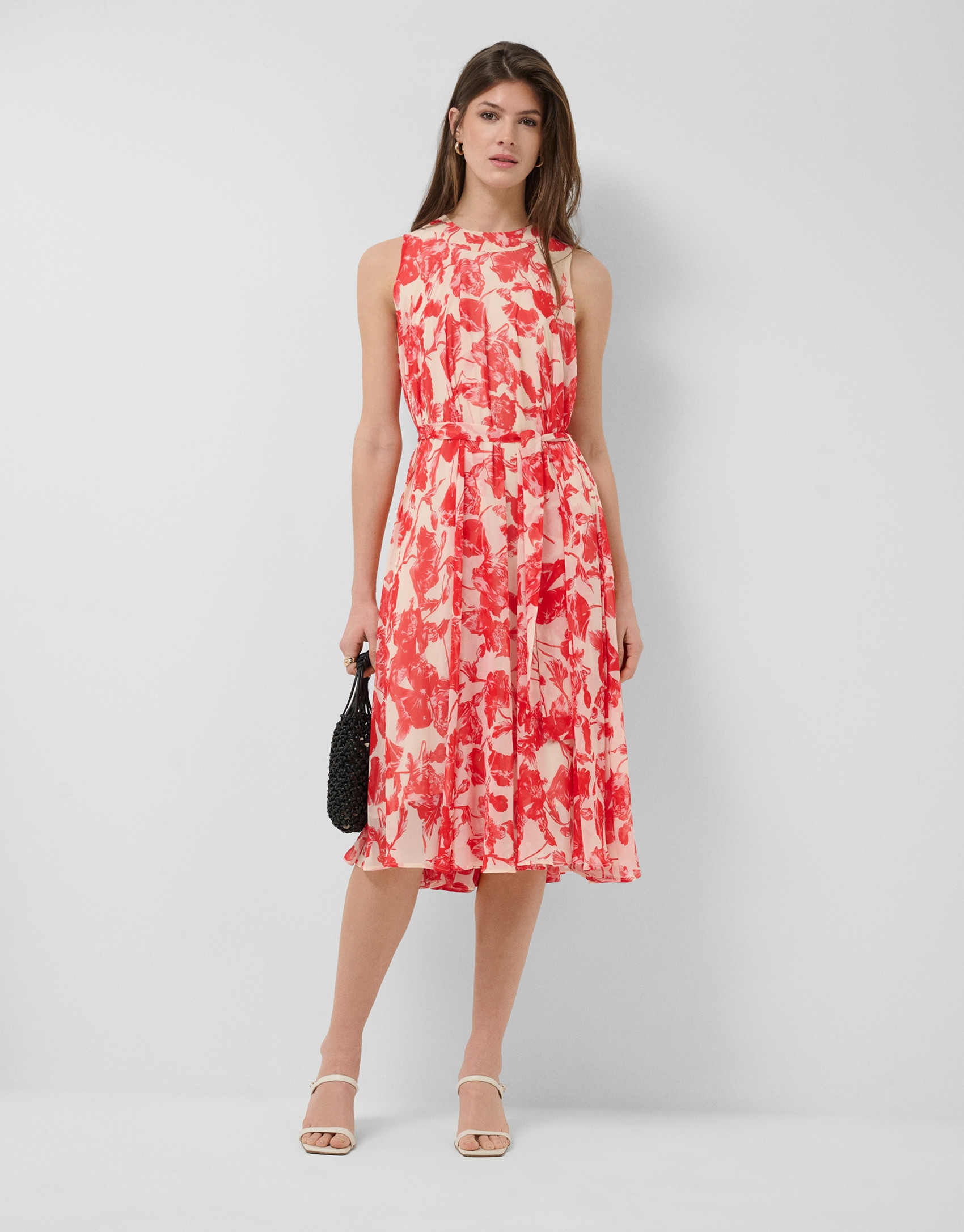Vestido midi sin mangas beige estampado ... | Roberto Verino