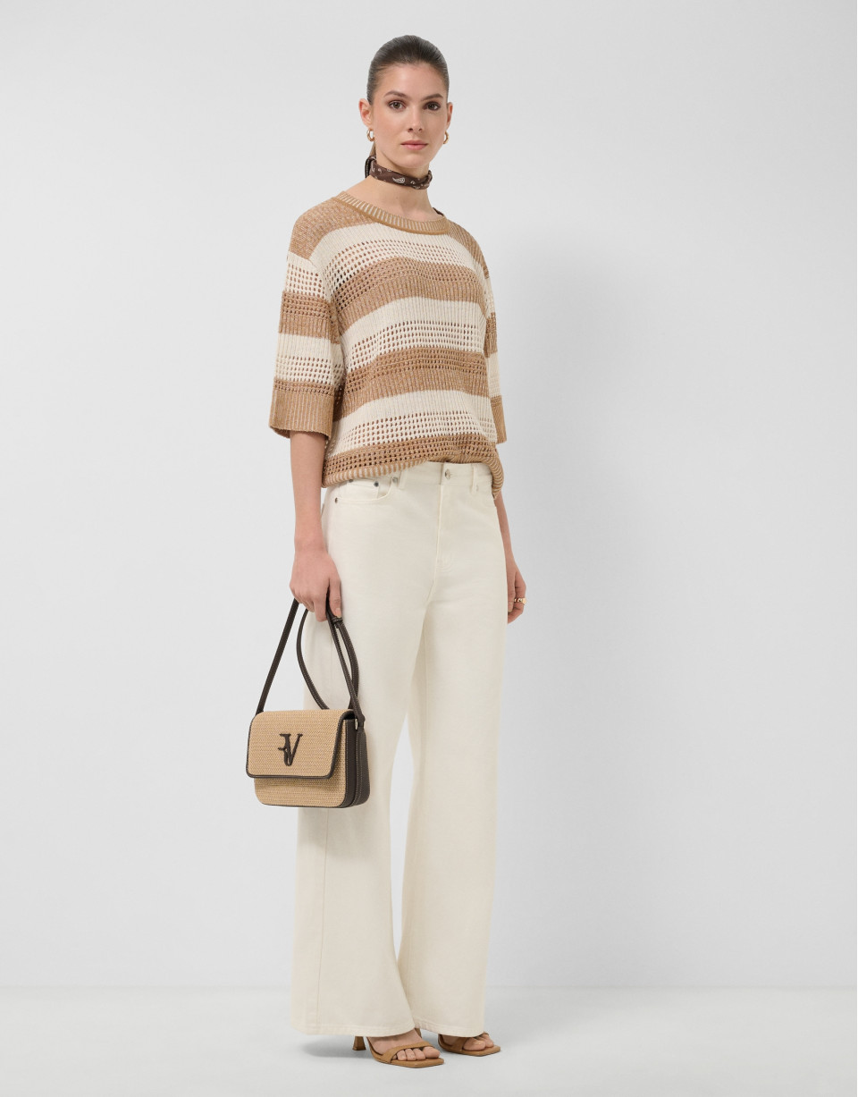 Ecru/camel striped three-quarter sleeve jumper | Roberto Verino