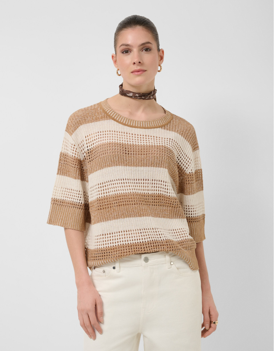 Ecru/camel striped three-quarter sleeve jumper | Roberto Verino