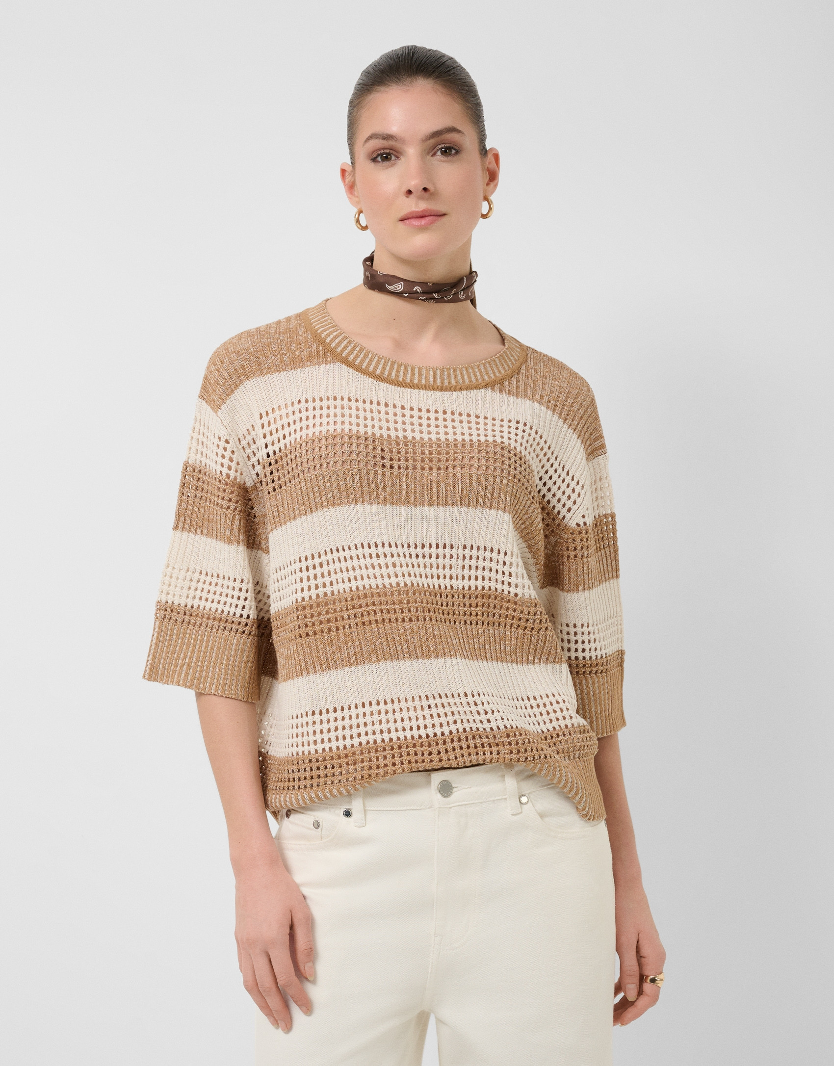 Ecru/camel striped three-quarter sleeve jumper | Roberto Verino