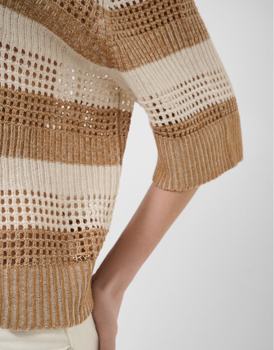 Ecru/camel striped three-quarter sleeve jumper | Roberto Verino