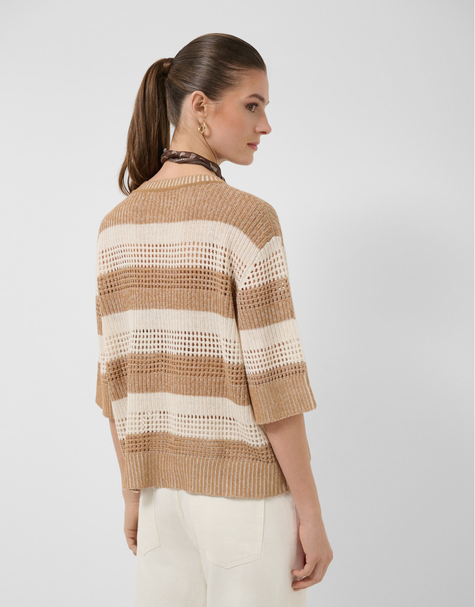 Ecru/camel striped three-quarter sleeve jumper | Roberto Verino