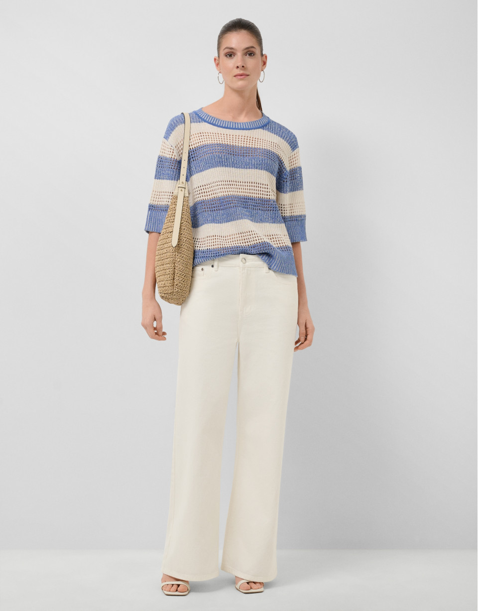Ecru/blue striped three-quarter sleeve jumper | Roberto Verino