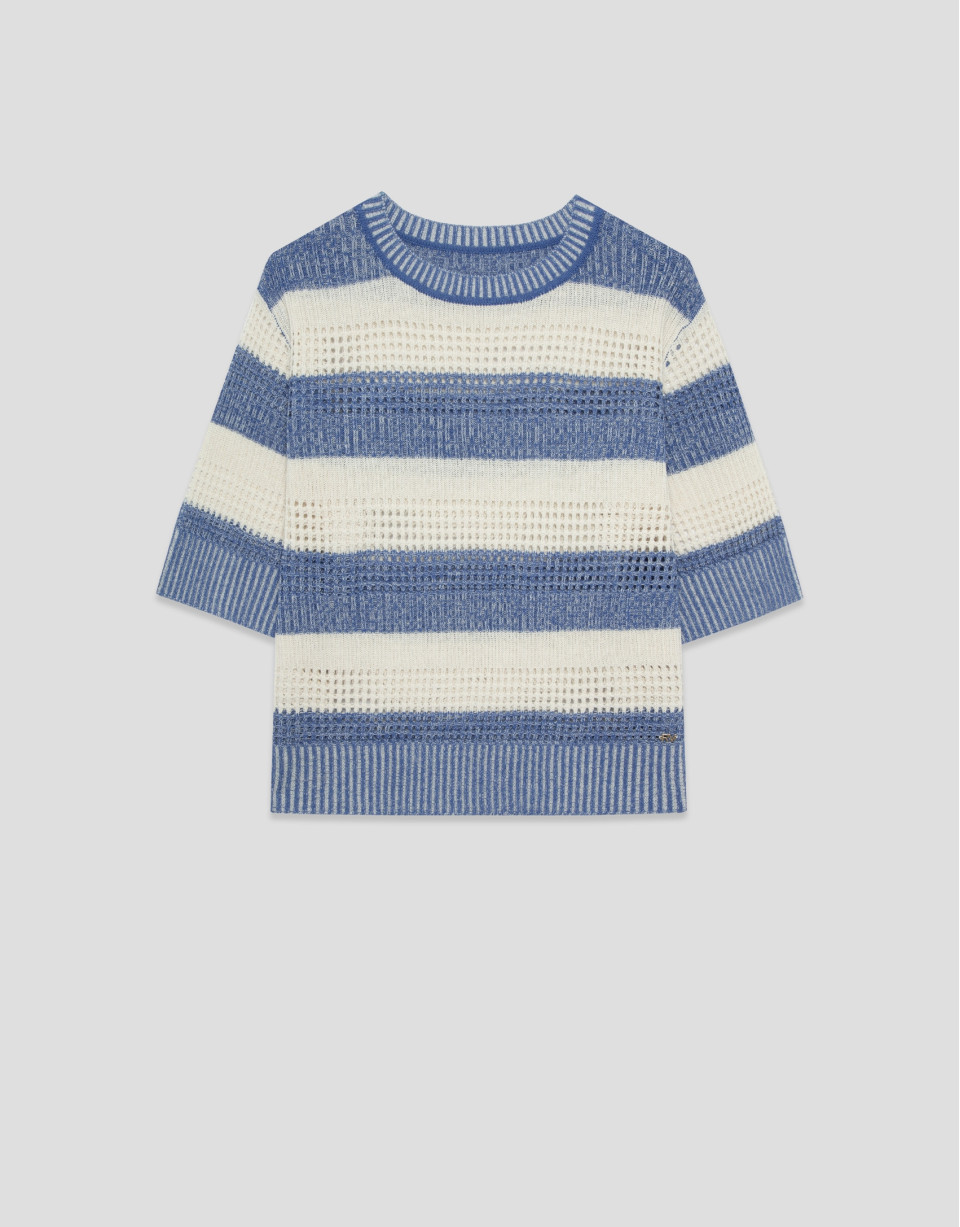 Ecru/blue striped three-quarter sleeve jumper | Roberto Verino