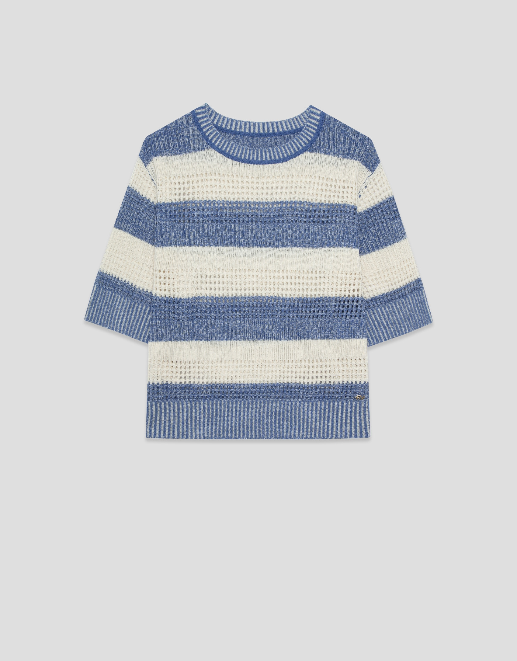 Ecru/blue striped three-quarter sleeve jumper | Roberto Verino
