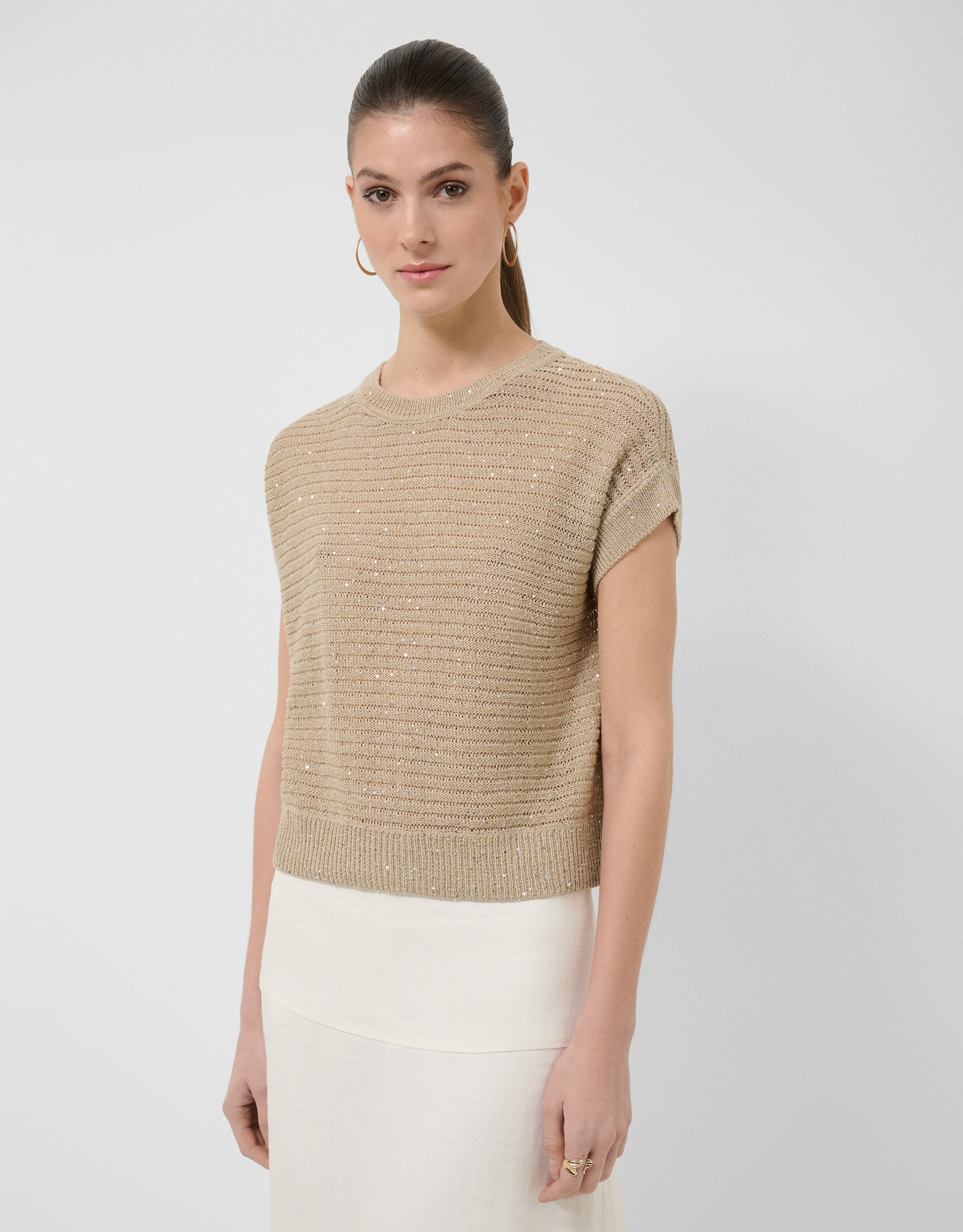 Camel-coloured unstitched linen knit jumper | Roberto Verino