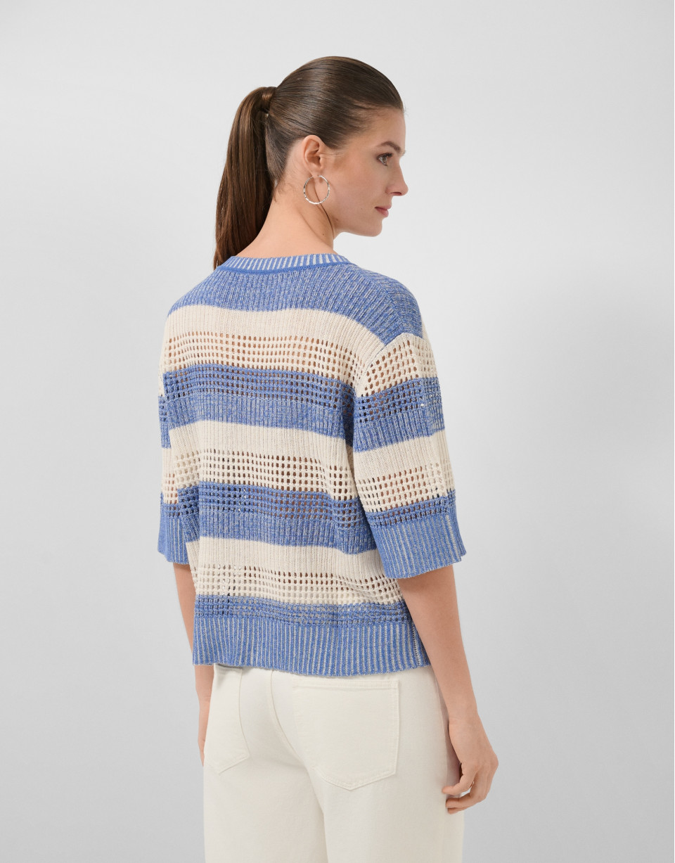 Ecru/blue striped three-quarter sleeve jumper | Roberto Verino