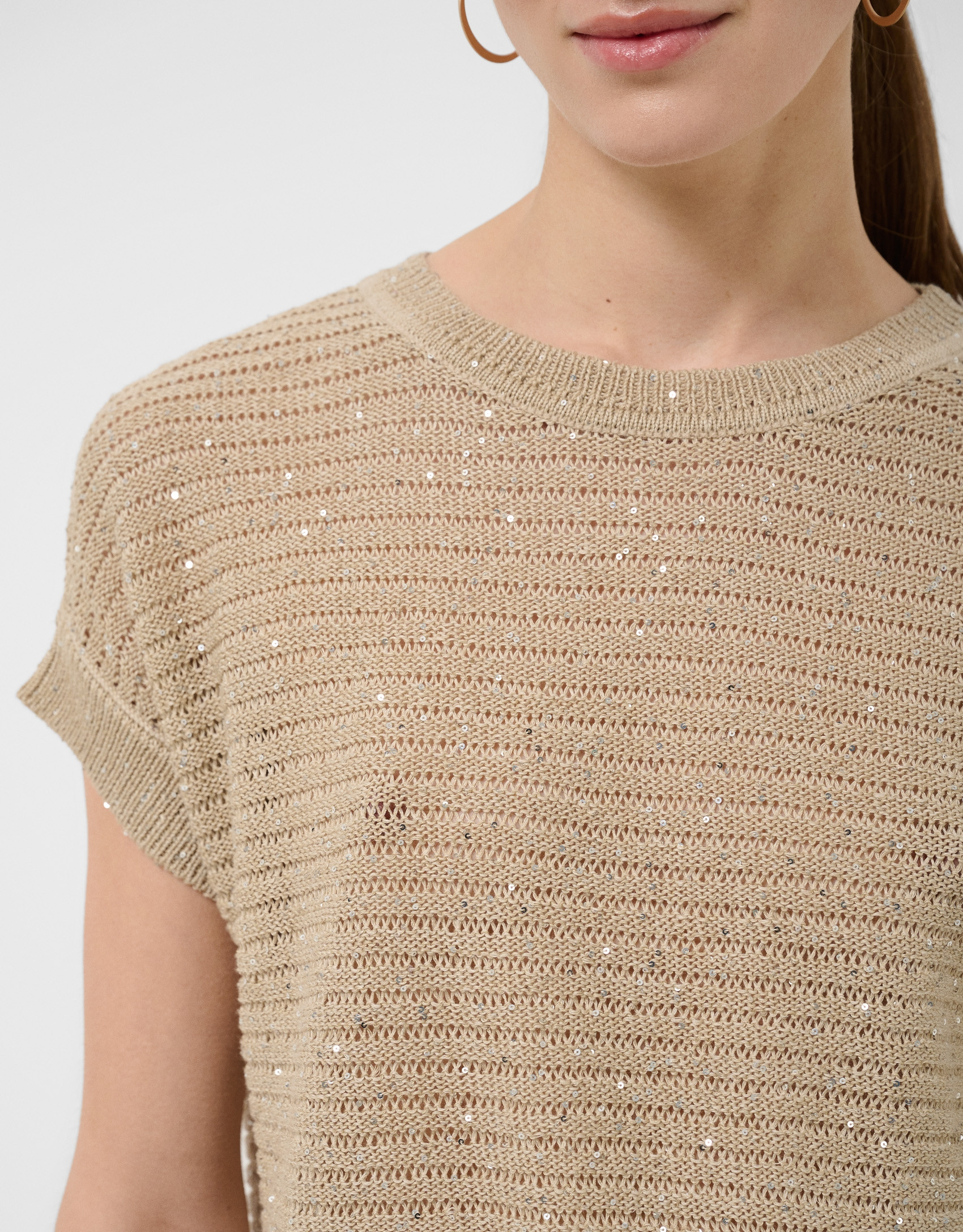 Camel-coloured unstitched linen knit jumper | Roberto Verino