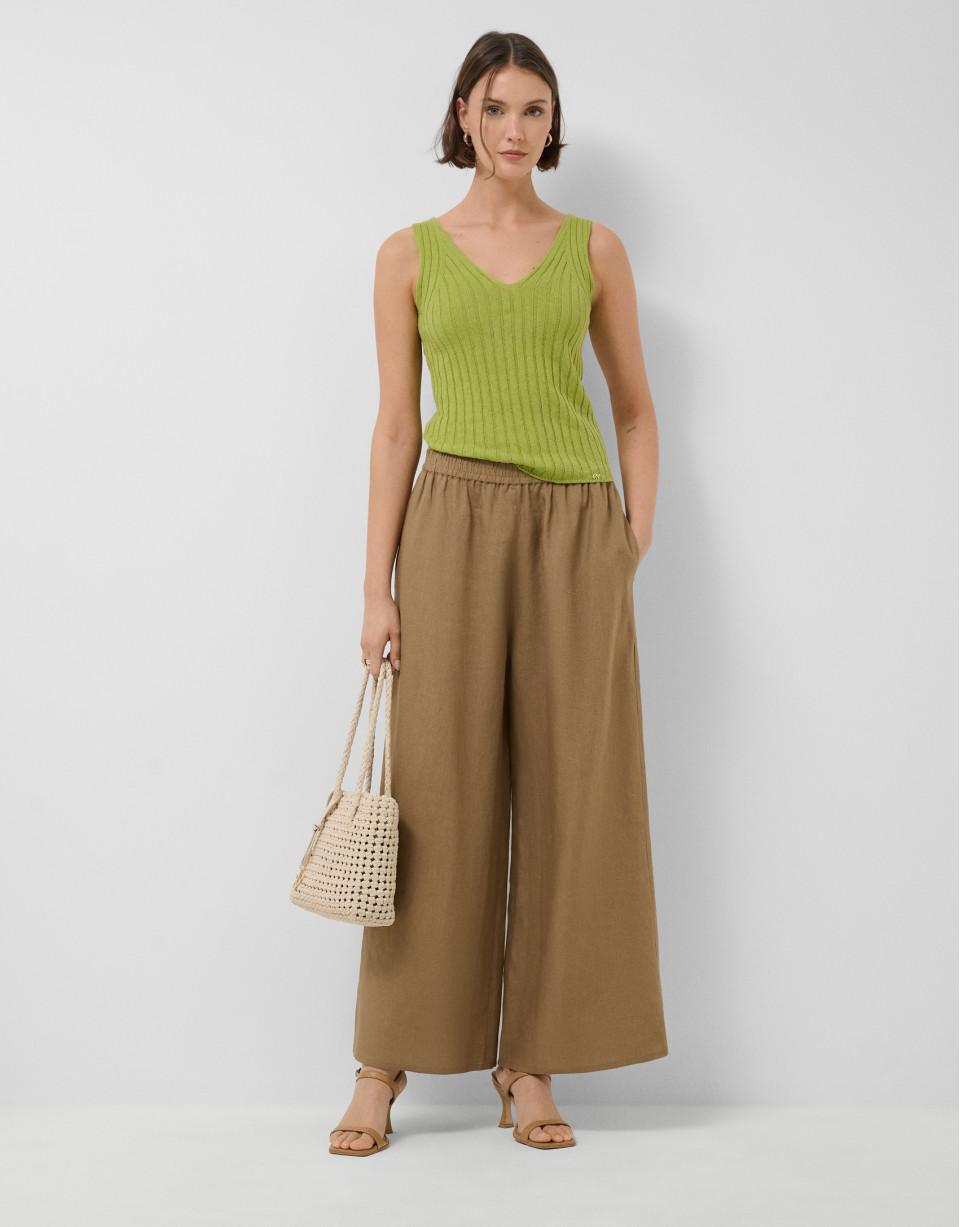 Pantalón palazzo lino cámel - Mujer - PV2026 | Roberto Verino
