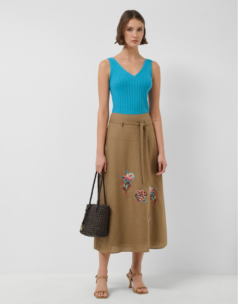Camel linen midi skirt with floral embroidery | Roberto Verino