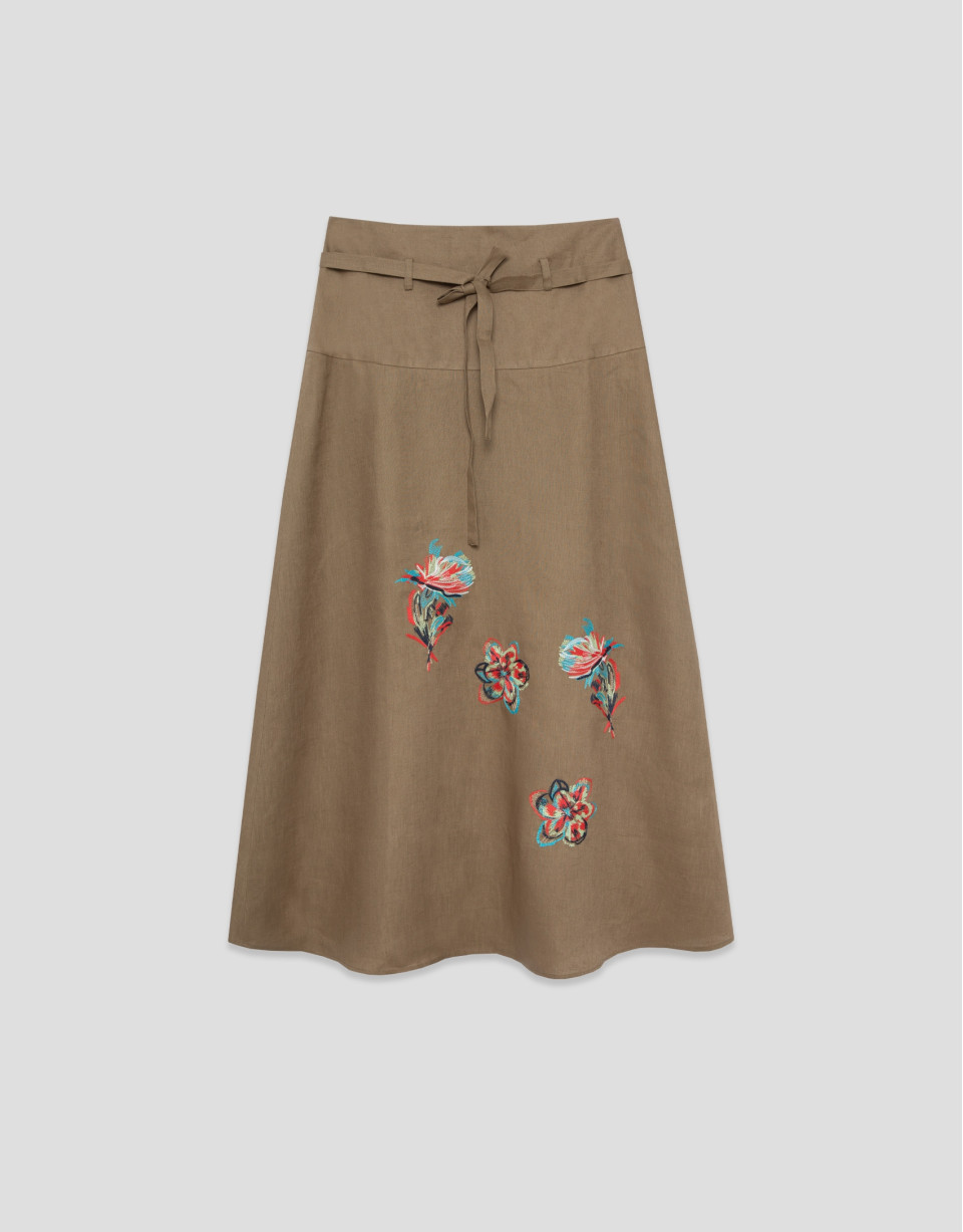Camel linen midi skirt with floral embroidery | Roberto Verino