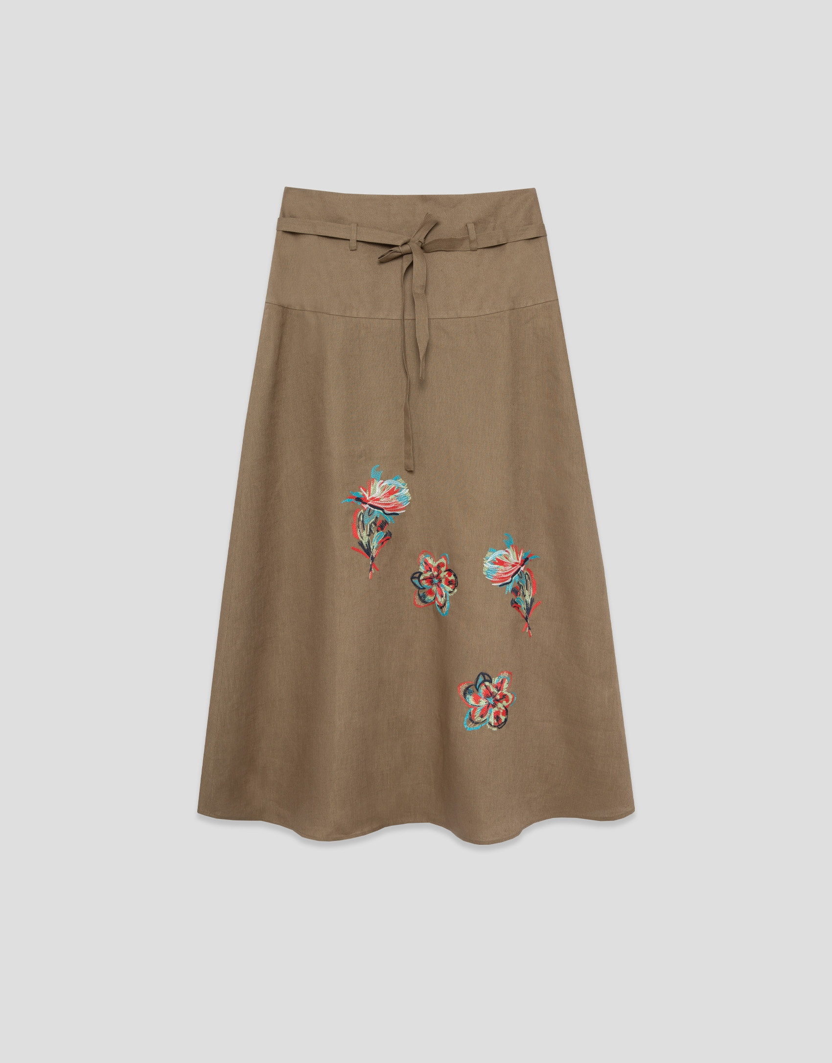 Camel linen midi skirt with floral embroidery | Roberto Verino