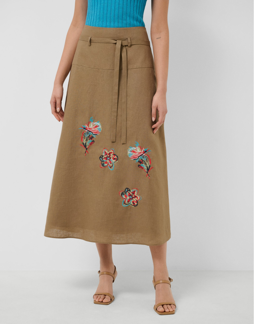 Camel linen midi skirt with floral embroidery | Roberto Verino