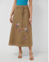 Camel linen midi skirt with floral embroidery | Roberto Verino
