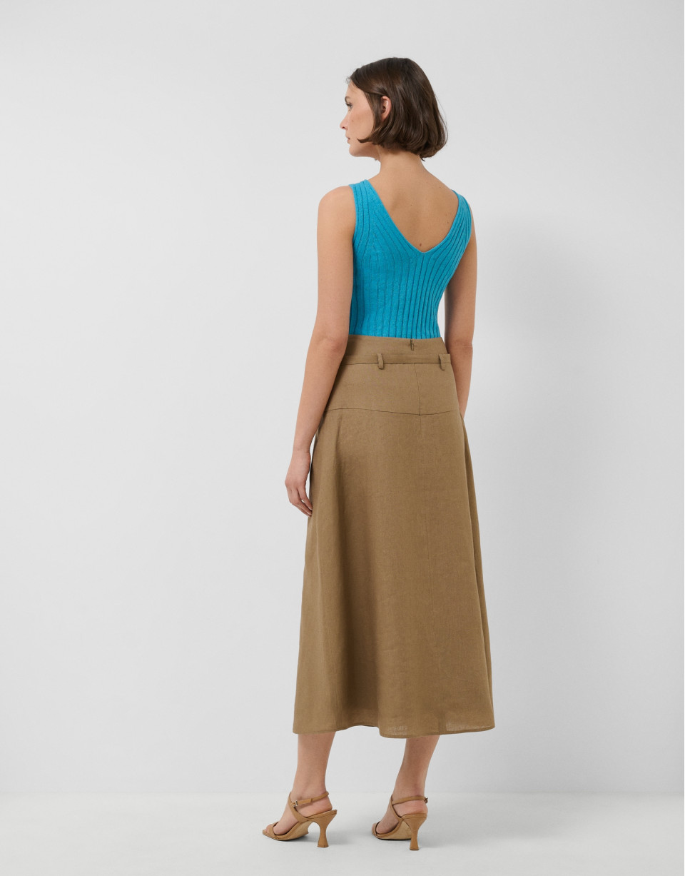 Camel linen midi skirt with floral embroidery | Roberto Verino