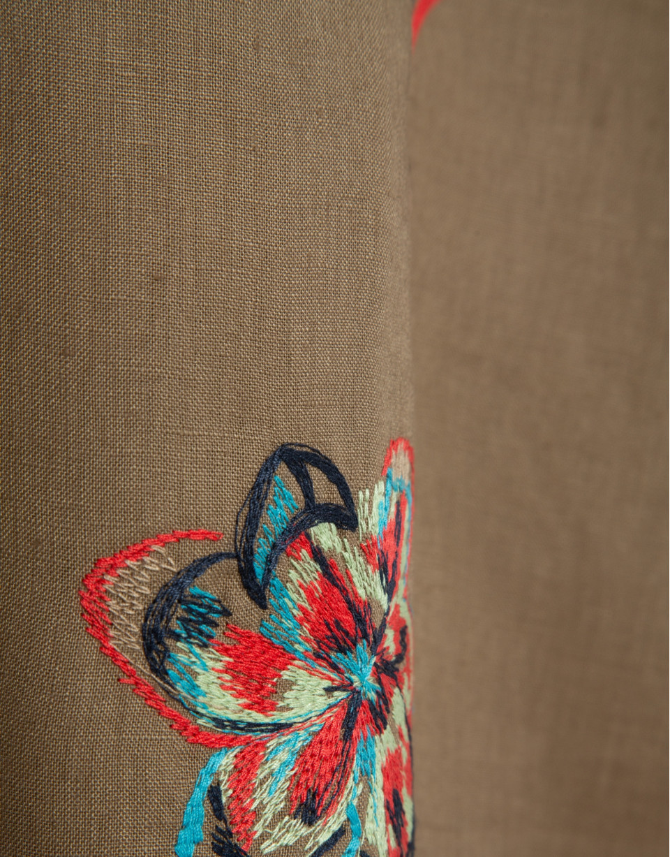 Camel linen midi skirt with floral embroidery | Roberto Verino