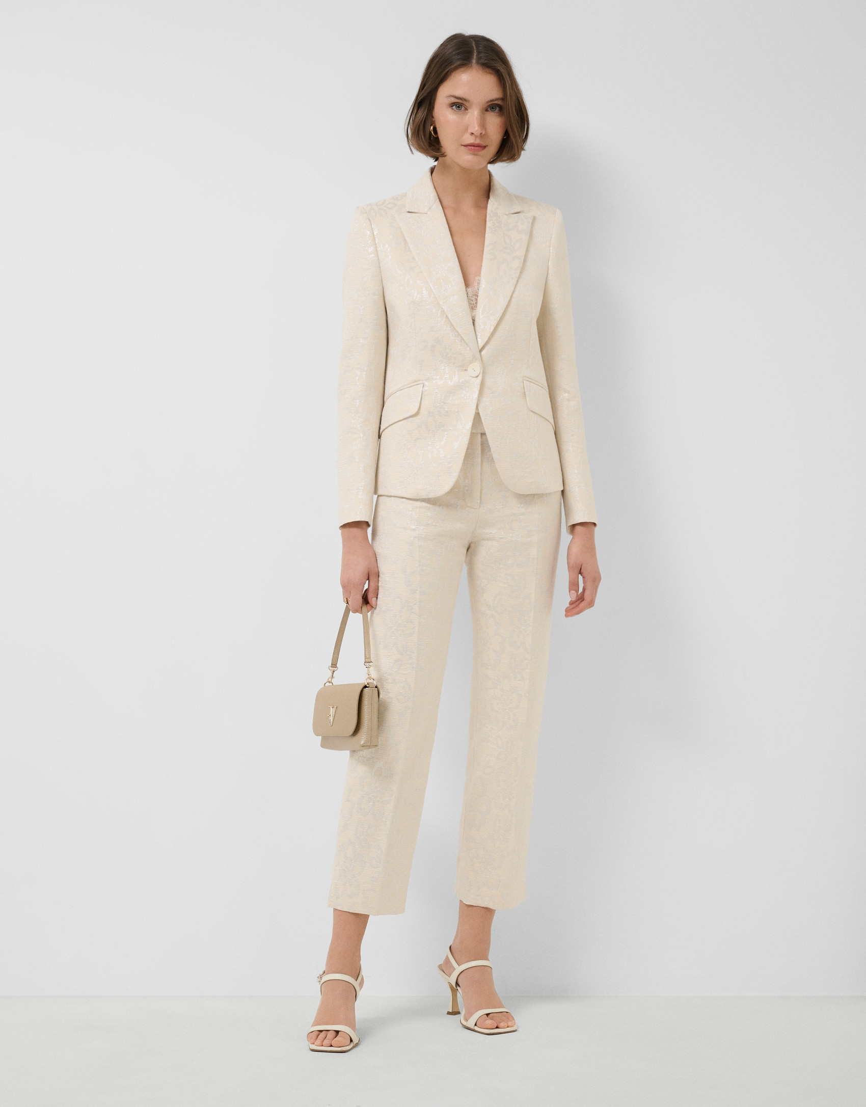 Beige straight-leg trousers with floral ... | Roberto Verino