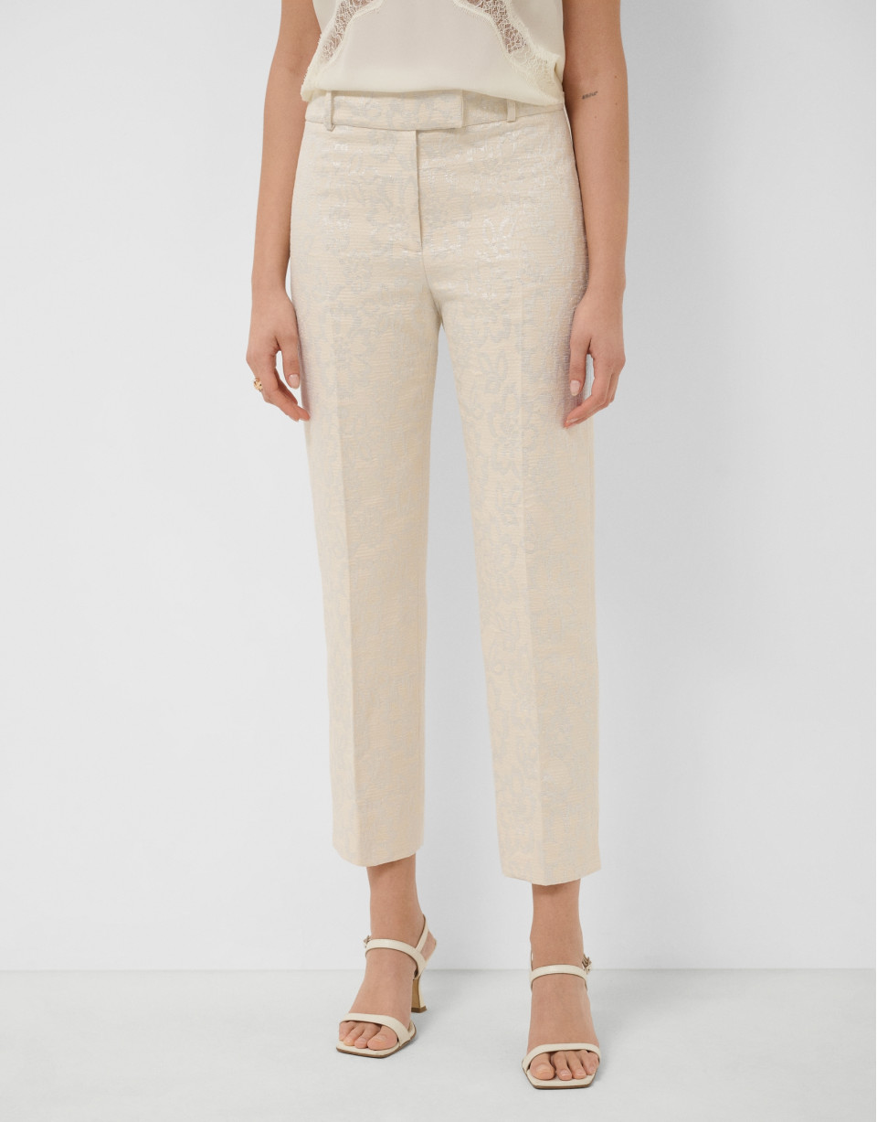 Pantalón recto beige jacquard floral hilo ... | Roberto Verino