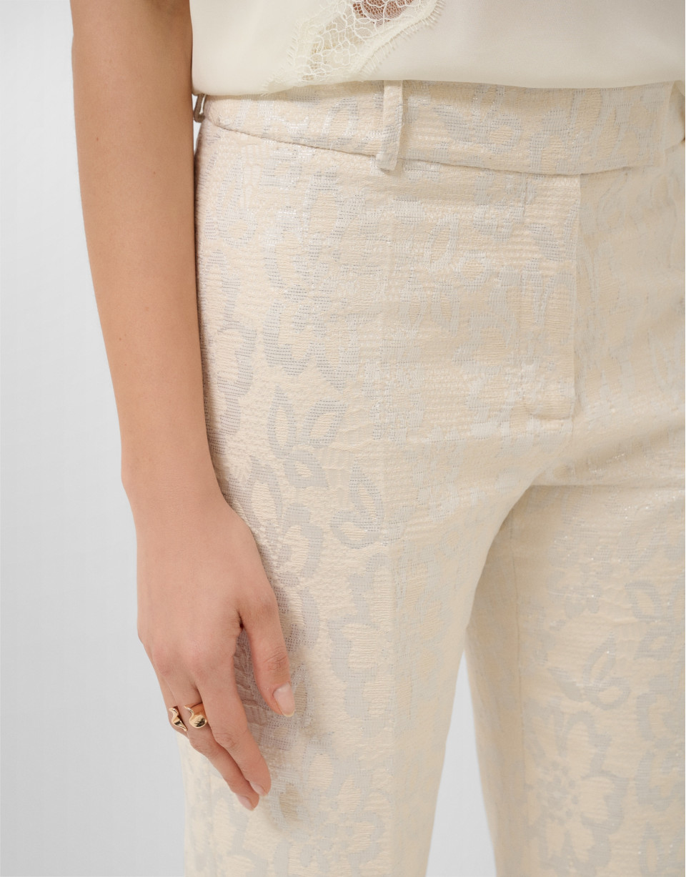 Beige straight-leg trousers with floral ... | Roberto Verino