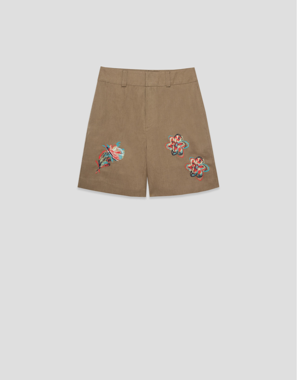 Camel linen Bermuda shorts with floral ... | Roberto Verino